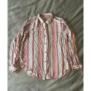 Hollister Womens Small Pink Blue Striped Button Down Long Sleeve Shirt L3